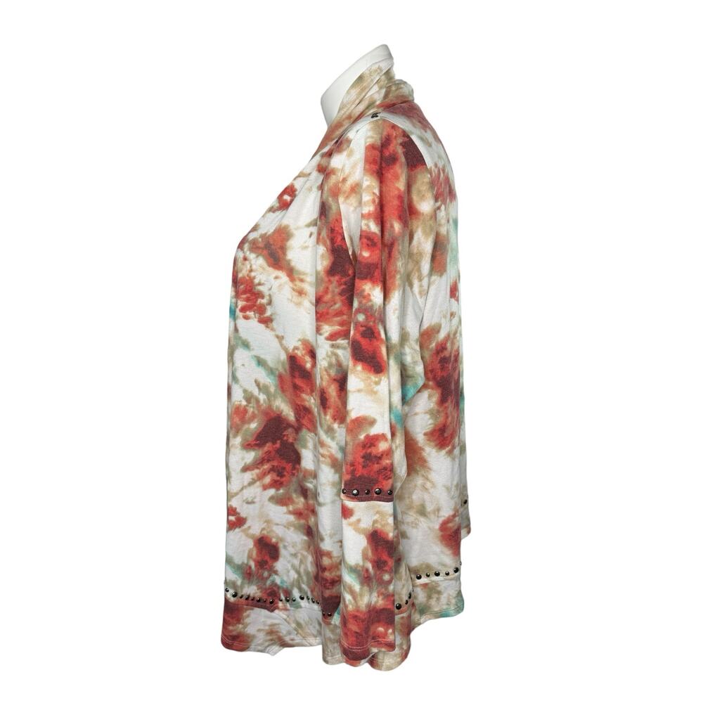 CYRUS WOMAN Tie Dye Studded Open Terry Knit Cardigan Size 3X Red Pink Green Whit - Picture 2 of 10